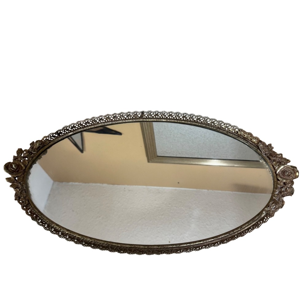 Vintage ornate Mirror Vanity Tray Filigree Rose Ormolu Gold Tone Oval Large 16"